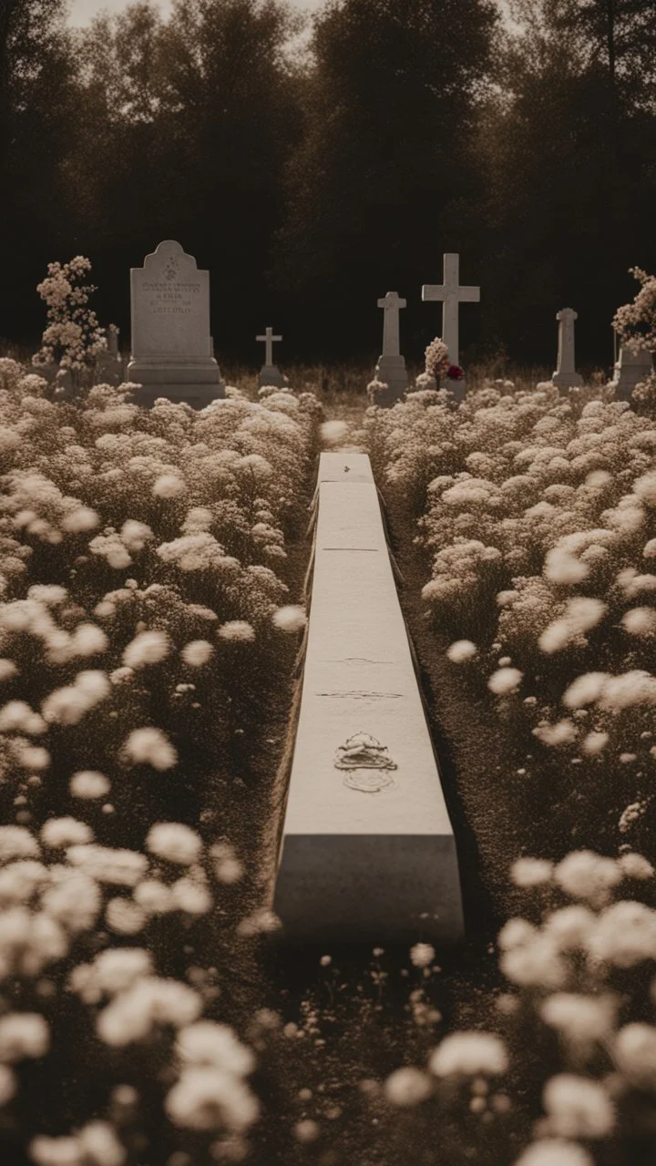 A grave in a field full of flowers. Above the grave is a white lace scarf and a gun.cinematic