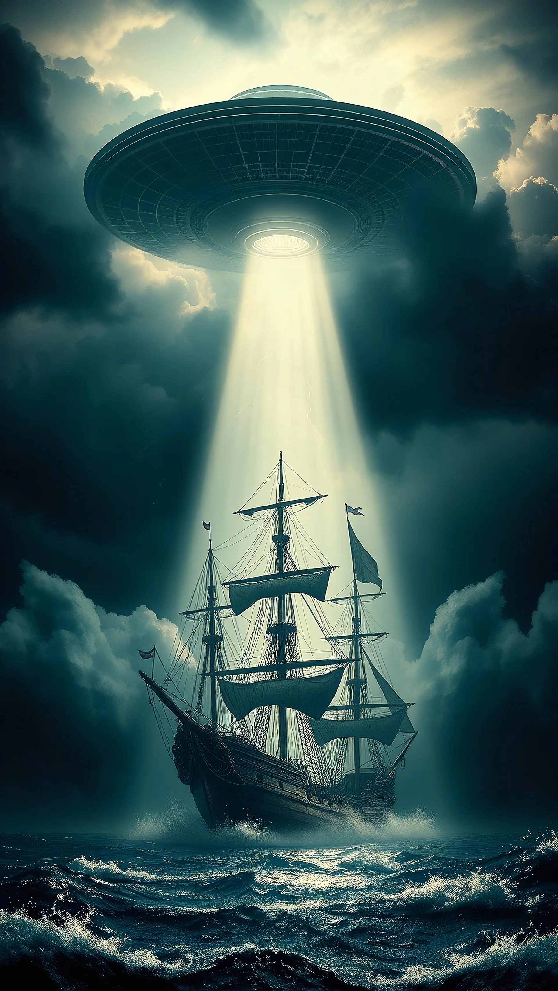 A ufo hovering above three pirate sailing ship emerges from the heart of a raging storm. Turbulent winds of steam swirl around the iconic structure, lit by shafts of sunlight that cast dramatic shadows on the A large UFO spacecraft hovering by over three pirate’s saling ship surrounding clouds. A storm rages and thunder lights up the dark sky,