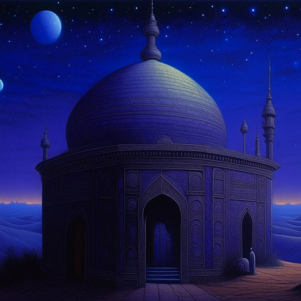 A violet cosmic Arabian palace with an observatory in the starry sky painted by Caspar David Friedrich