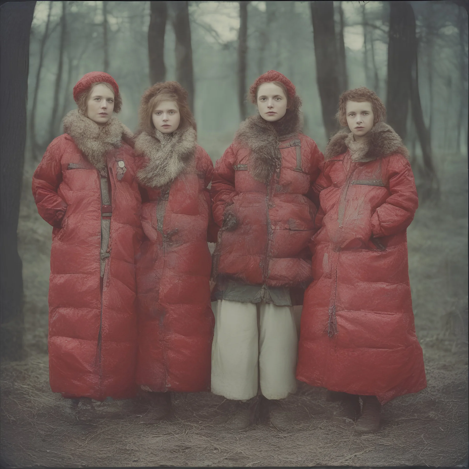 4 Tsar daughters,, red, autochrome, plastic puffy jacket