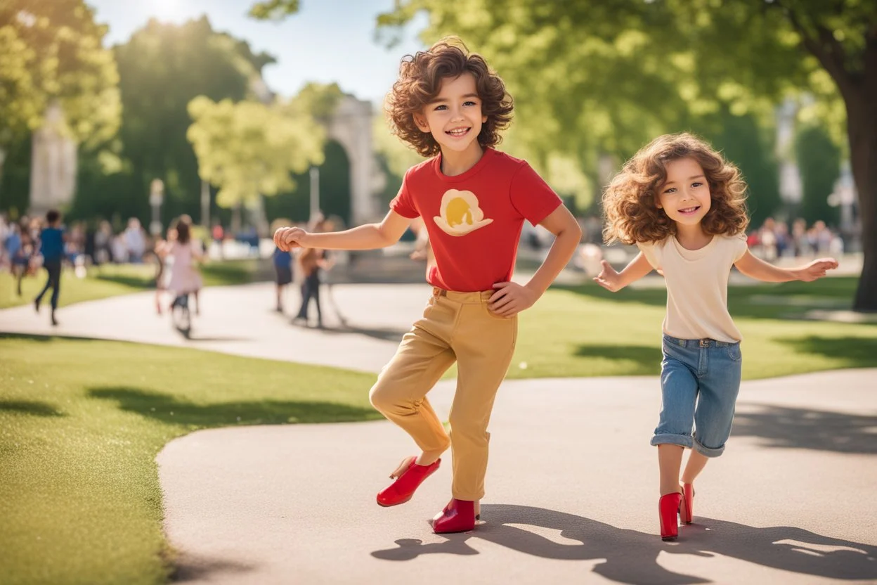 a cute chibi spanish man with short curly brown hair cropped at the back in yellow T-shirt and jeans with a cute chibi contented girl with long brown hair and brown eyes in a red elegant jumpsuit and red high heels, and a chibi girl with blonde brown hair in a beige dress dancing dynamically in Madrid in the Retino park, in sunshine, ethereal, cinematic postprocessing, airplane in the sky