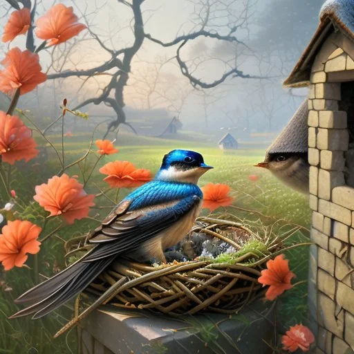 captivating cinematic painting masterfully blending traditional illustration, 3D rendering, and wildlife photography, depicts a picturesque old stone farmhouse with a thatched roof. The harmonious blend of artistic styles creates an atmosphere of serene tranquility, warmth, nostalgia, and timeless beauty. In the cozy home on the roof, three adorable baby swallows rest in their nest, watched over by a swift adult swallow soaring around them. Vibrant hollyhocks cascade along the walls, and hay in