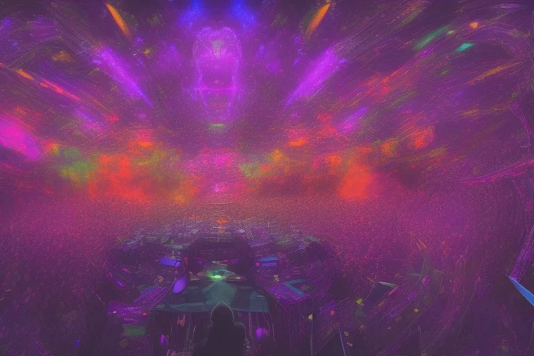 birds eye view, An orchestra playing on stage purple and orange color scheme, high key lighting, volumetric light high details psychedelic background