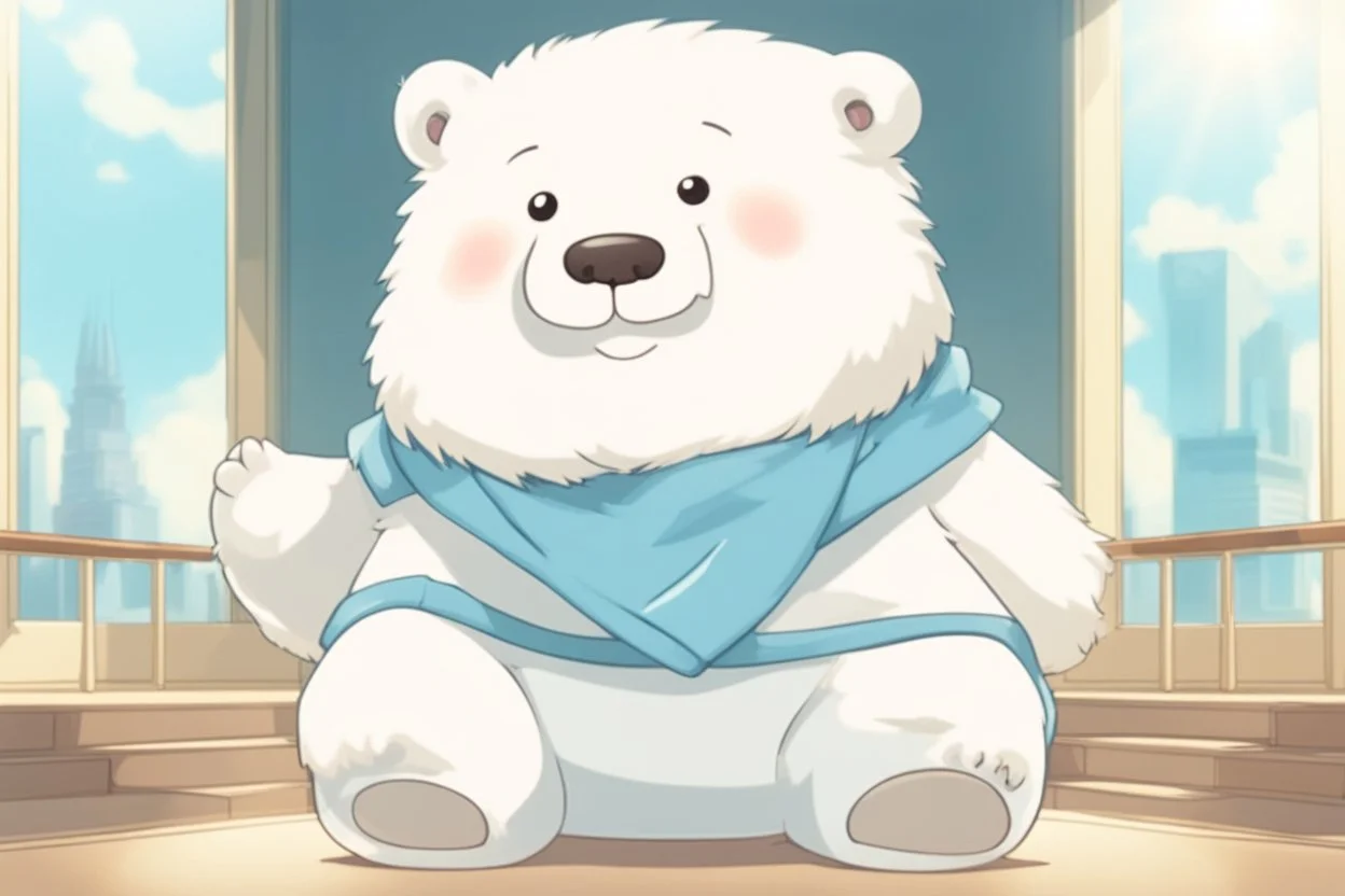 cute fluffy chibi ice bear on an exhibition room with stands in sunshine