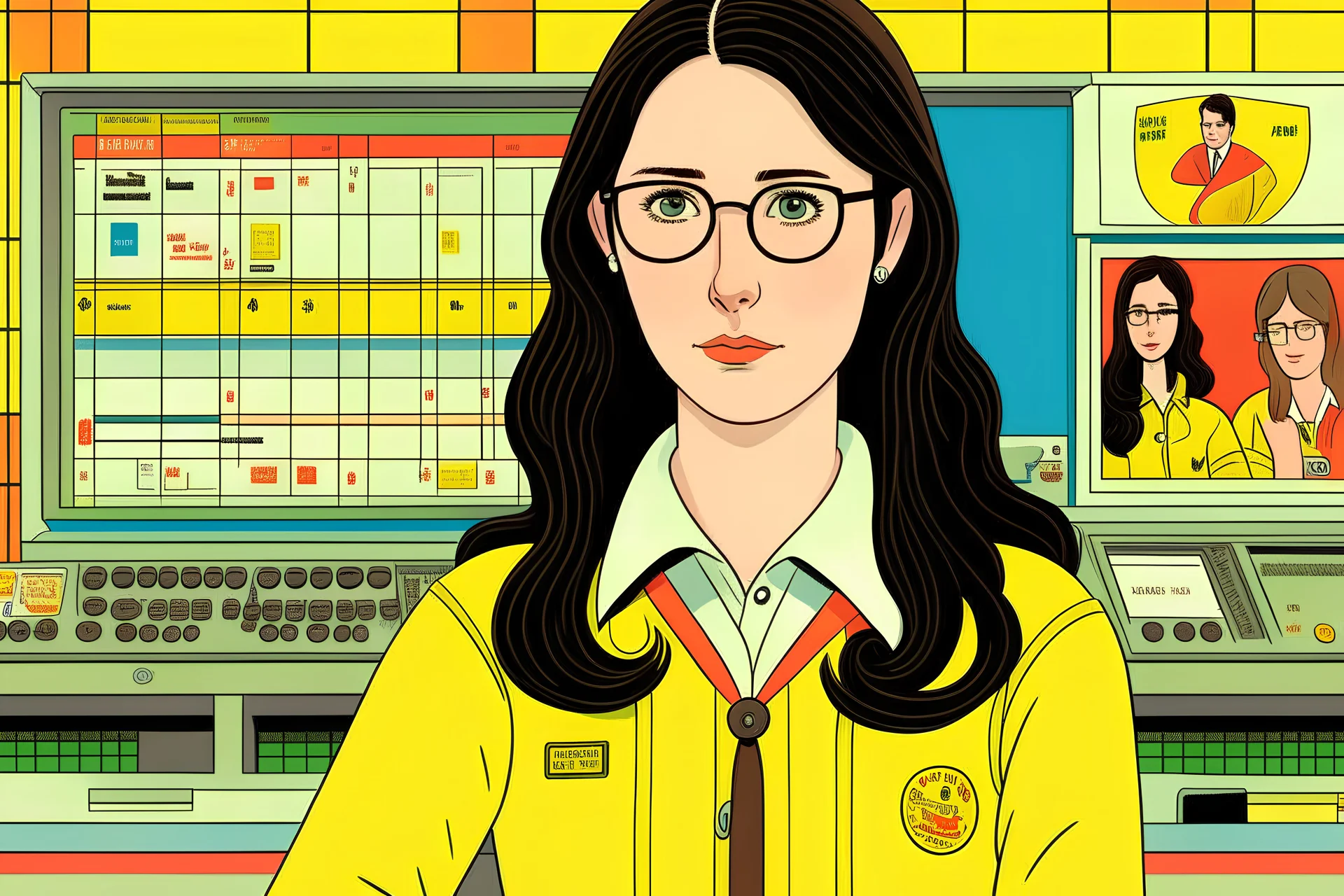 Wes Anderson cartoon of a darkhaired woman who loves programming, social media, feminism and Liverpool F.C.
