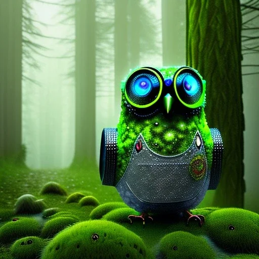 Mossy robot owl in a misty forest