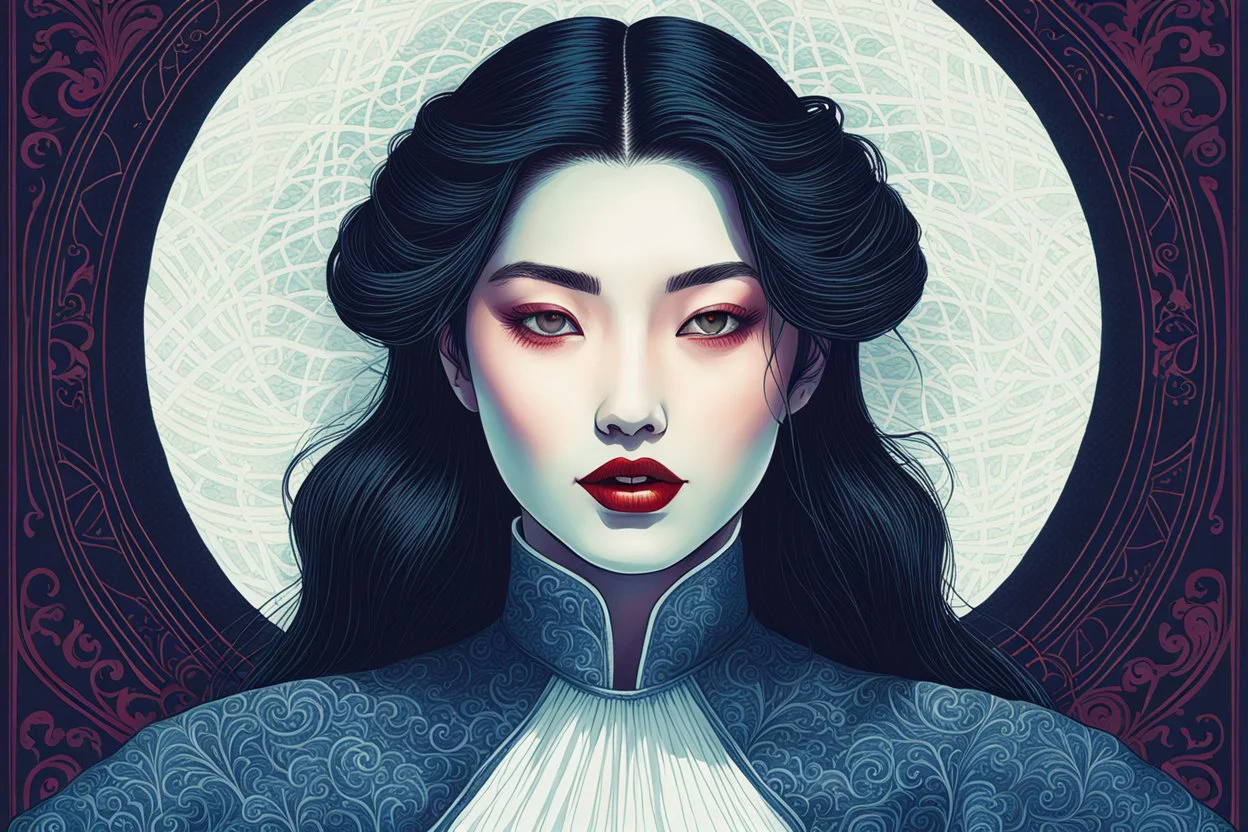 create an imaginative print illustration of an ethereal, otherworldly seductive ancient female Lasombra vampire , in the style of Hasui Kawase and Shiro Kasamatsu with highly detailed feminine facial features