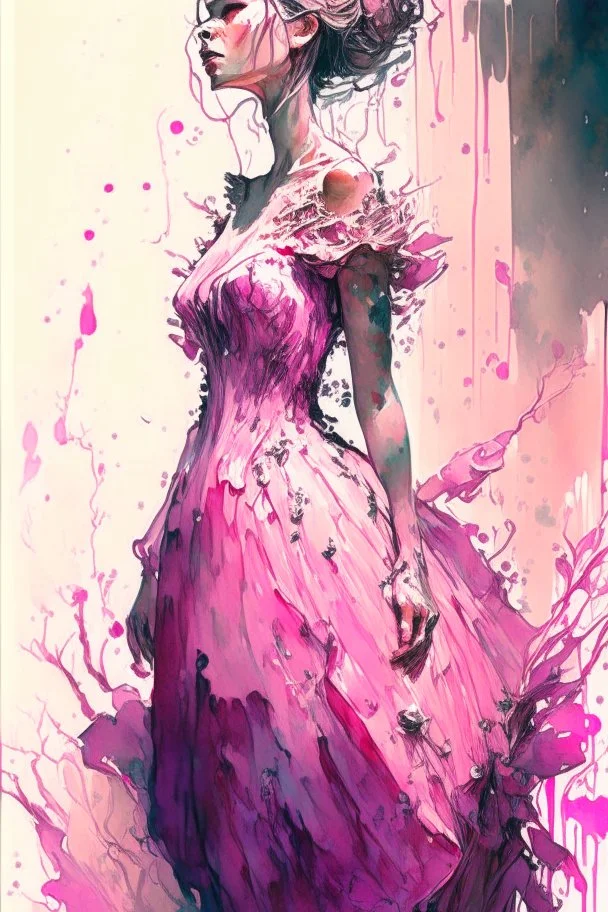 a beautiful bride in pink dress,Watercolor: brush strokes: ink drip: ink spots: by Android Jones: By Ismail Inceoglu and Jean Baptiste mongue: James Jean: Erin Hanson: Dan Mumford: professional photography, natural lighting, volumetric lighting maximalist photoillustration 8k resolution concept art intricately detailed, complex, elegant, expansive, fantastical