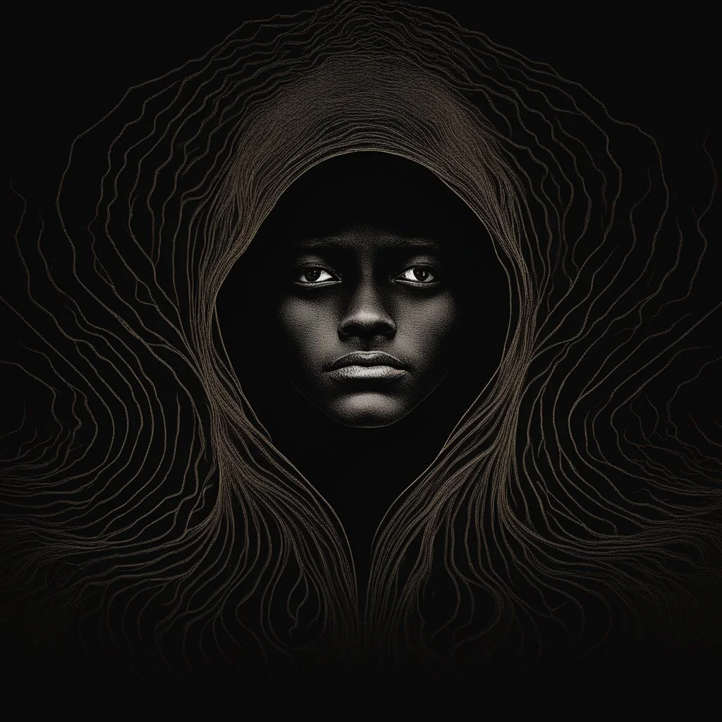 The logo you're describing appears to have a mysterious and captivating vibe. In the image, there's a person who is clearly visible but without revealing their full identity. At the center of the image is the face of this person, transitioning from darkness into light. Behind this person, there's a black background that gradually fades into darkness. The background is characterized by soft, subtle lighting that illuminates the person and reveals subtle details around them. The colors used in th