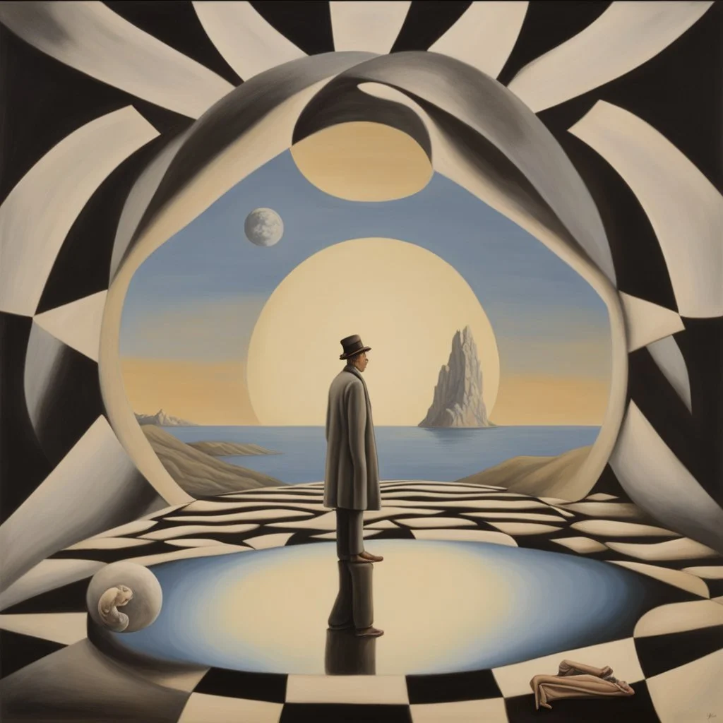 person alone in planet,cover art, surrealist painting called 'today I am thinking about time by dali and picasso and magritte and Breughel