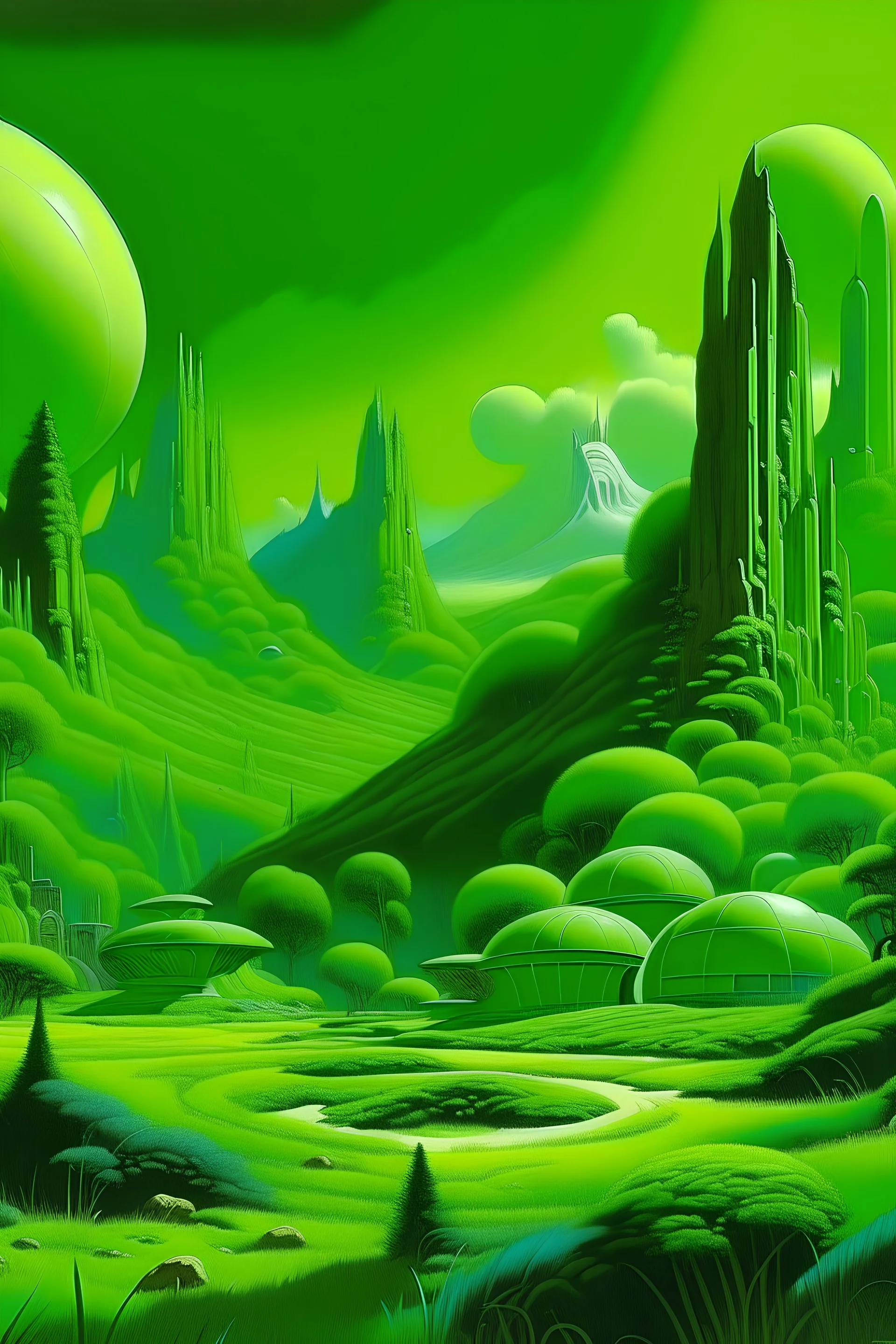 green valley with alien buildings by angus mckay