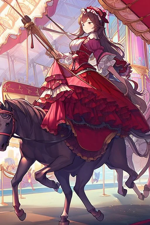 Ragazza vestita in stile Lolita rosso che cavalca un cavallo del Carosello, disegnata in stile Tahra Art