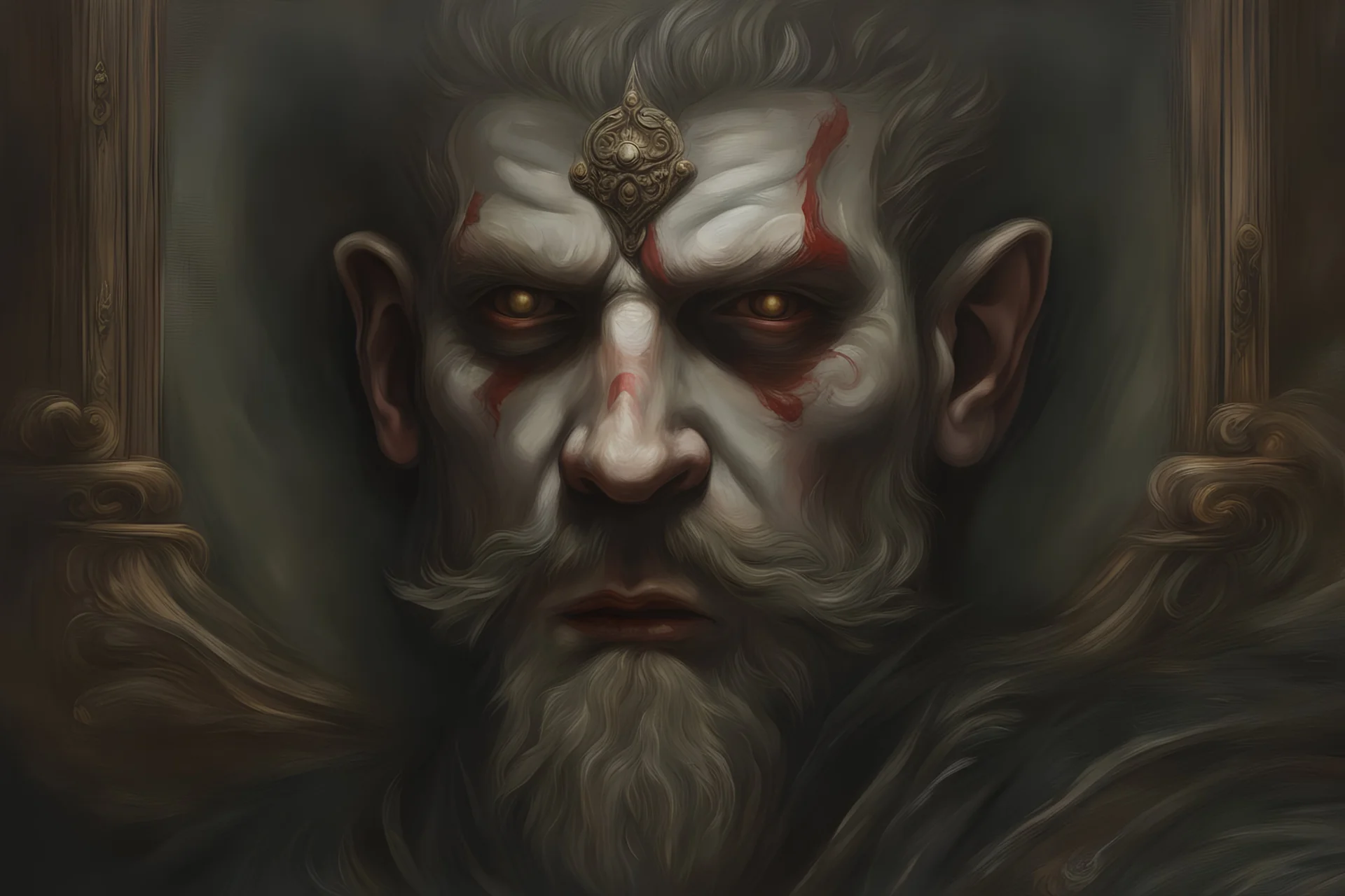 KRATOS, rosto altamente E meticulosamente detalhado, névoa hiper detalhada de fantasia etérea, pintura fosca maximalista, pintura a óleo polida e realista; Pintura de retrato da era vitoriana, à moda antiga, vintage, antigo, bonito, ambiente sombrio, gótico, assustador, eldritch, 16k