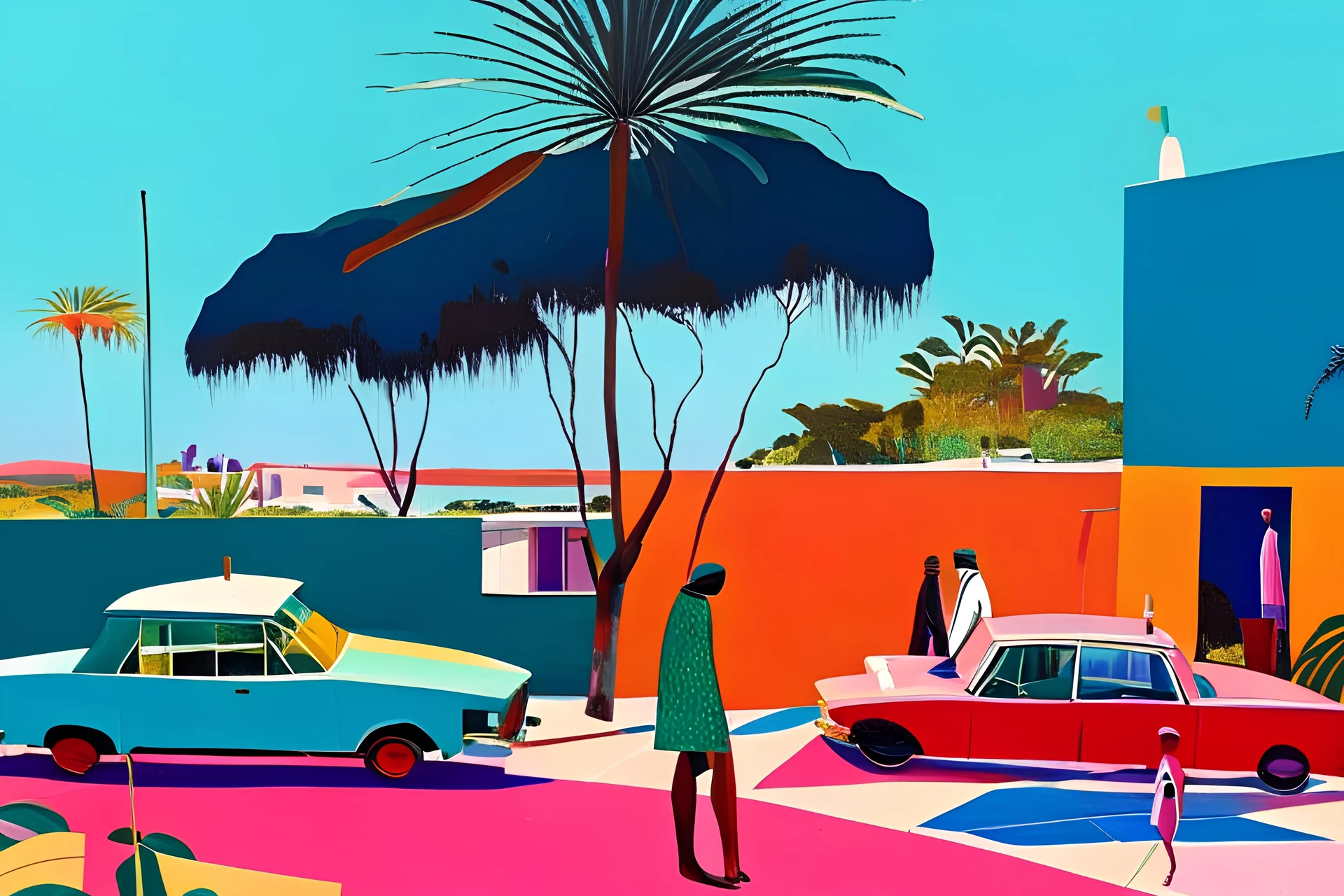 Hockney njideka akunyili kerry james MidjourneyBIRD EYEVIEW African TOWNSHIP ROAD CARS AND PEOPLEJ, njideka akunyili splash, Paint Strokes, minimalist illustration minimalist illustration