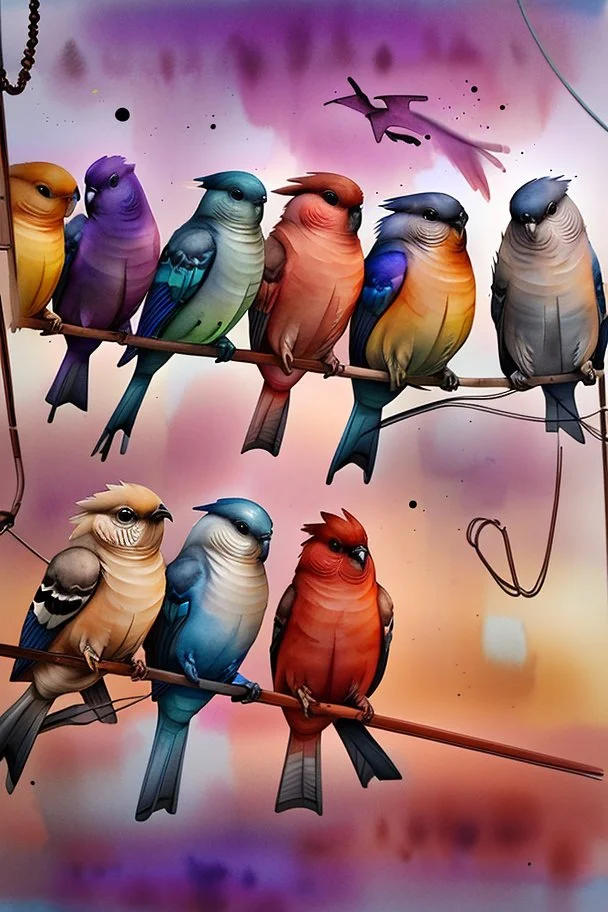 A captivating watercolor illustration featuring six exquisitely rendered birds perched gracefully on a wire. Each bird exhibits a unique color palette, from the rich browns and grays to the bold blues, reds, and yellows, culminating in the enchanting purple hue. The composition emphasizes the birds' side profiles, creating a dynamic visual effect. Their vibrant plumage beautifully contrasts against the pristine white background, resulting in a harmonious blend of nature and color that captivates