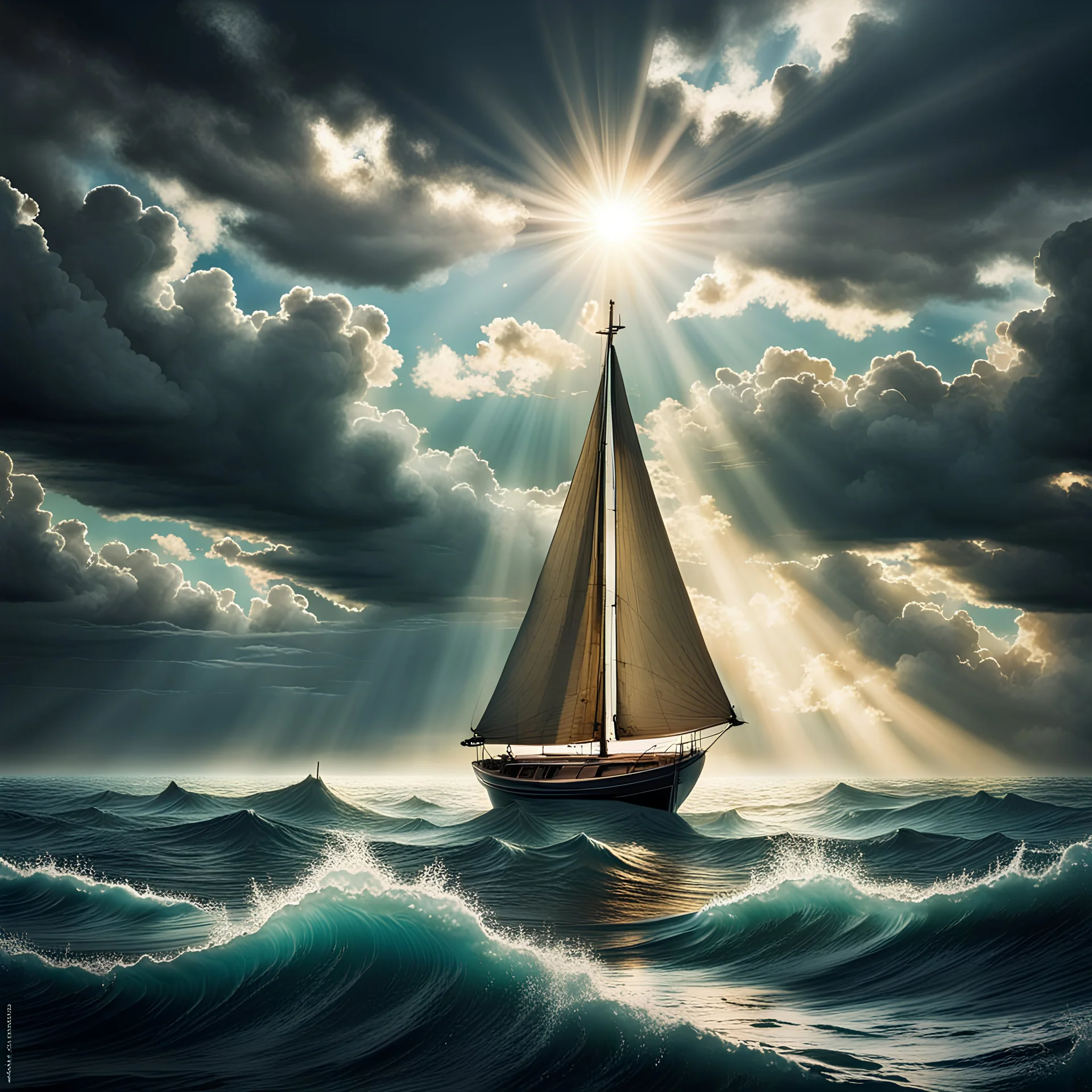 Landscape with cloudy sky, where sunbeams penetrate, illuminating a sailboat at high sea., fantastic realism, bohemian, heliochrome