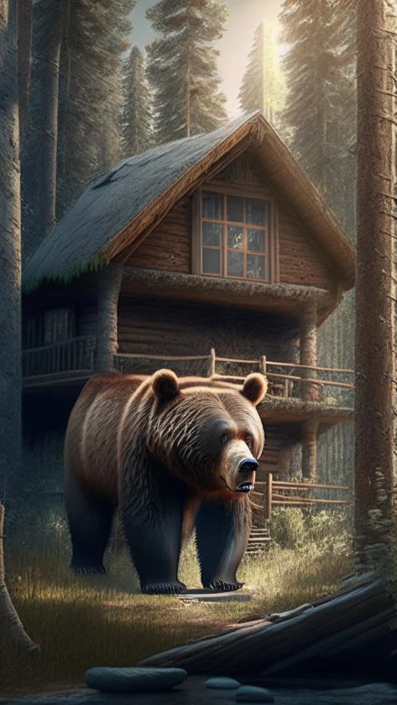 A cabin in the woods, a big brown bear, a movie scene, a more accurate picture hdr 3d