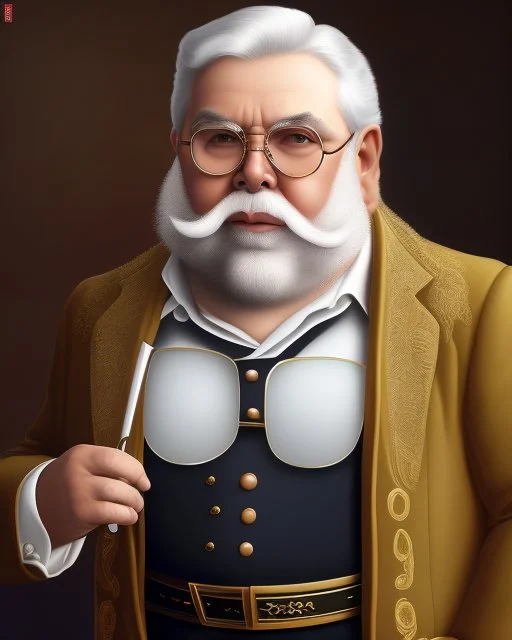 Pintura del pintor Fernando Botero de pie, con gafas redondas y barba blanca pequeña, bigote pequeño, cuerpo completo, arte de tinta, calidad ultra, 8k, cuerpo completo, barba pequeña