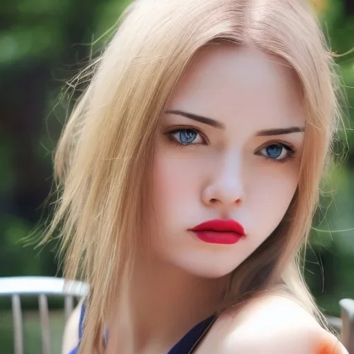 Pretty sexy woman, setting in the bench, park place, deep blue eyes, looking in side view, sexy dress, nice nose, pretty lip, simi smile, pointed ears, white skin, white simi gold hair, medium hair, nice neck, sexy soulder, medium breast size, simi full body portrait