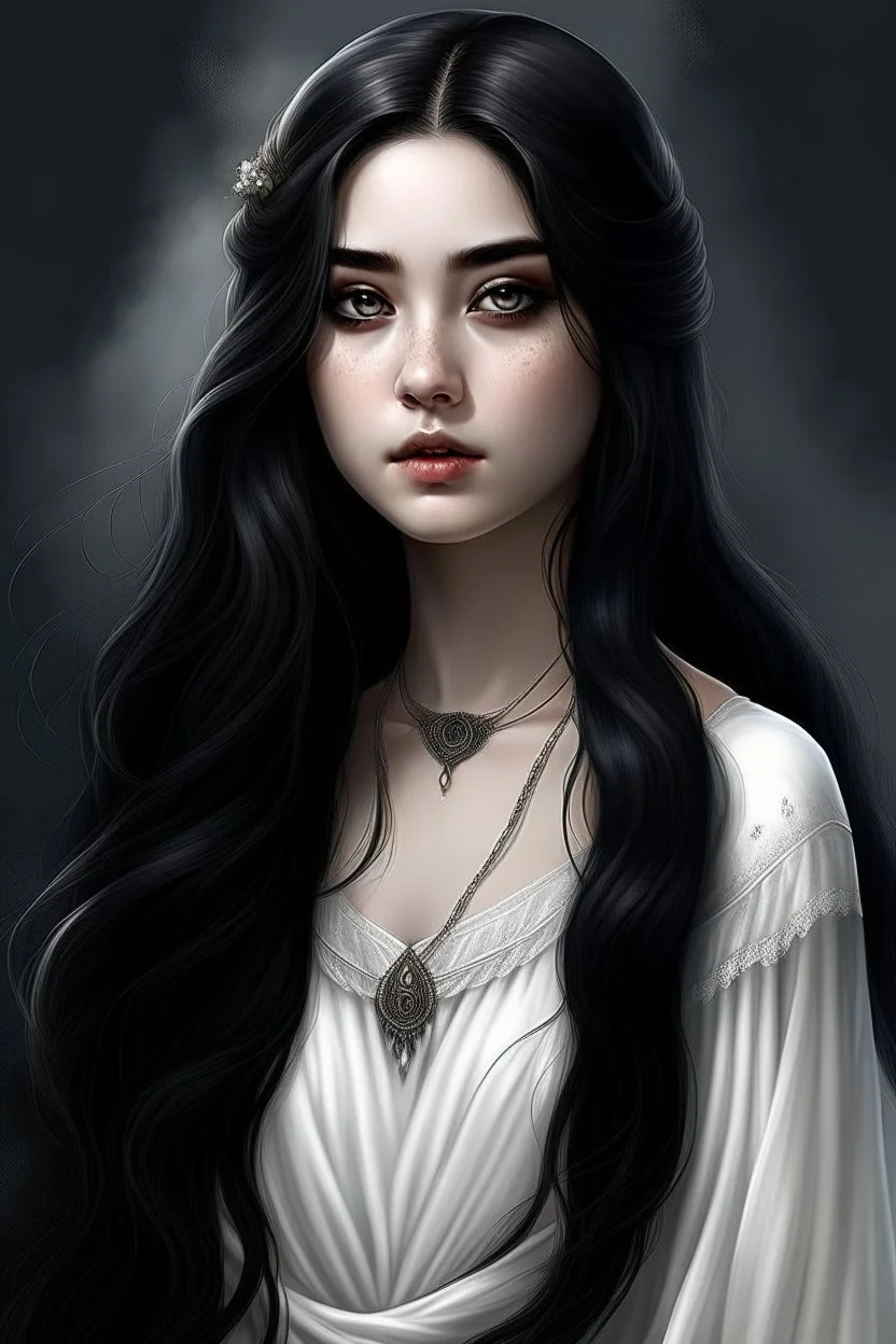 a 16 year old woman, white skin, long wawy black hair, beautiful face, black eyes, round body, in a white dress, realistic epic fantasy style