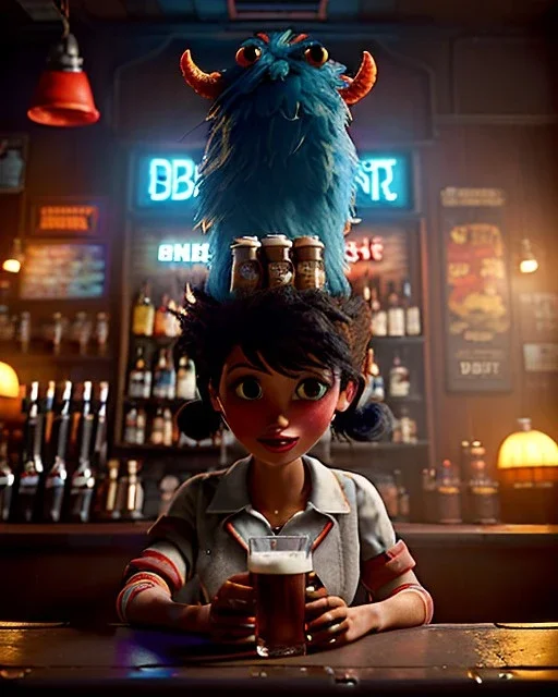 Pub scene, hybrid character, waitress sexy British woman with monster muppet mask that covers her entire head, Sesame Street style, retro style, short shirt, tray, beer, old school tattoo, hot, smooth, unreal engine 5, god lights, ray tracing, RTX, lumen lighting, ultra detail, volumetric lighting, 3d.