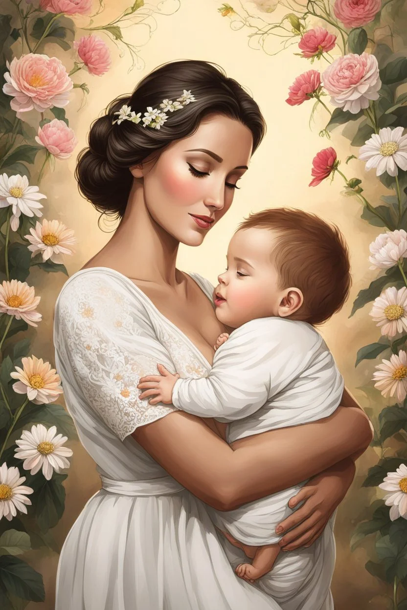 A mother holding a baby with love and compassion, great quality picture show flowers in the background in a romantic scene