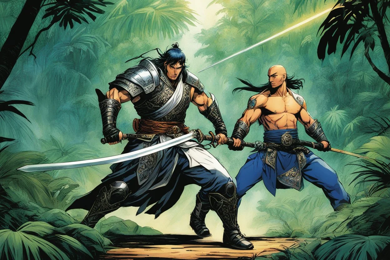 (in the style of Orion, by Masamune Shirow) DUEL: a tattooed gangsta monk with his staff fights against a paladin knight with his two handed sword zweihander in the jungle