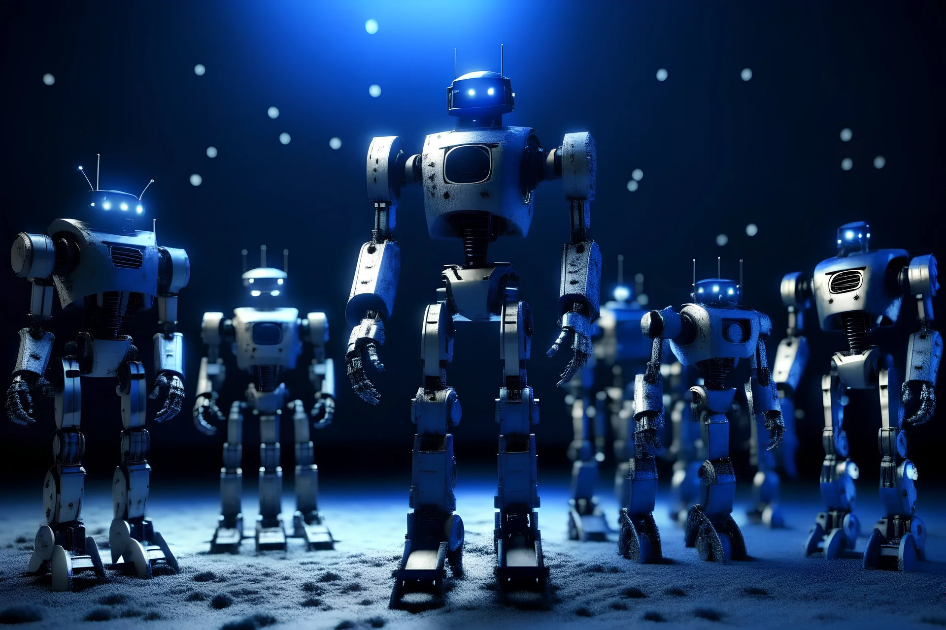 tanti robot alti e bassi blu scuro lucido e grigio metallico lucido con sfondo cielo stellato nella notte