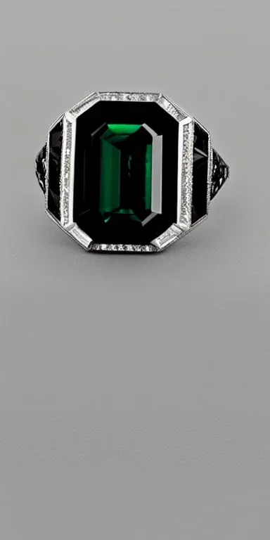 ring with emerald cut black diamond, art deco, geometric