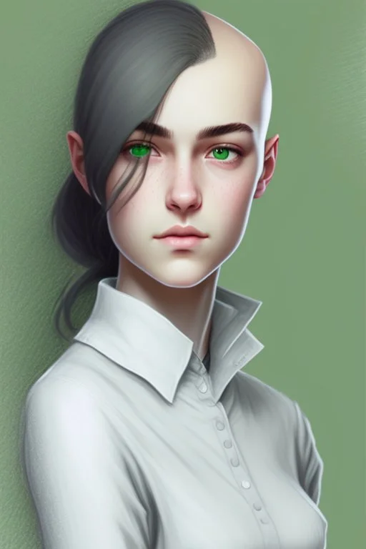 full length colour drawing, portrait, 22-year old friendly female human cleric, shaved head, light eyebrows, grey eyes, wearing white (10%) and dark green (80%)