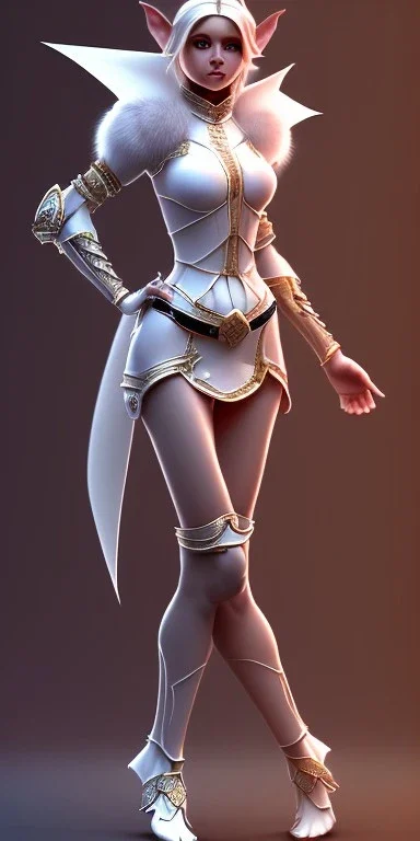 Symmetric cute and adorable female elf style adventurer dressed in a fresh light dress and anatomically correct bare feet into a white room, in style of D&D, microdetails, ultradetailed body, long shot --ar 2:4