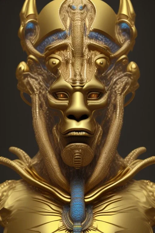 black male African Egyptian alien, cracks in the voodoo head, wicked, eyes, crown, Elephant, 8k, finely detailed, photo realistic, tiger turquoise skull head gold dragon space alien snow skeleton gold gorilla silver crown silver eyes