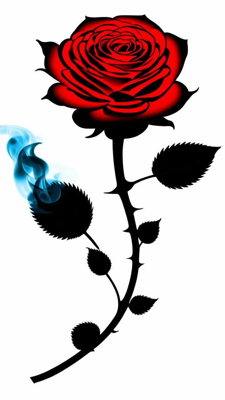 a rose where the stem and leaves(black) is made of smoke, and the flower(red) is made of smoke and flame shapes, vector