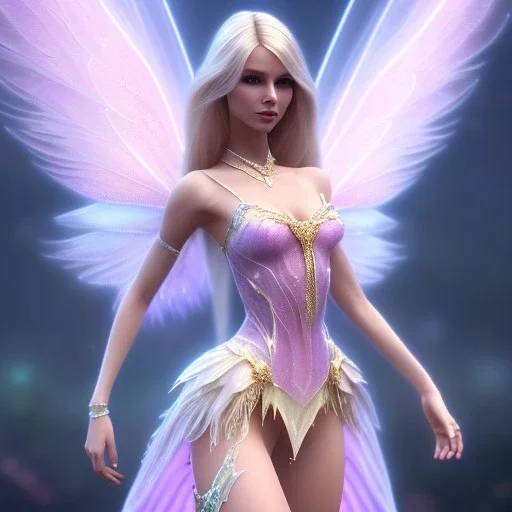 beautiful fairy very etheric, nice smiling, long blond hair, magic glamour pink make up, delicate colors, complete vision of very transparent and big wings, beautiful glamour transparent dress, ultra sharp focus, 8k, unreal engine 5, extremely sharp detail, light effect, soft light atmosphere, smooth, full of details, face in front, complete vision of face and hair and of the body