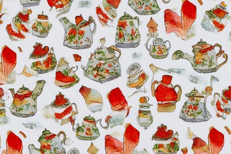 giftwrap pattern with watercolor of miniature teapots, children's book illustration, white parchment paper, wrapping paper, white linen, in the style of e. h. shepard, in the style of classic winnie the pooh