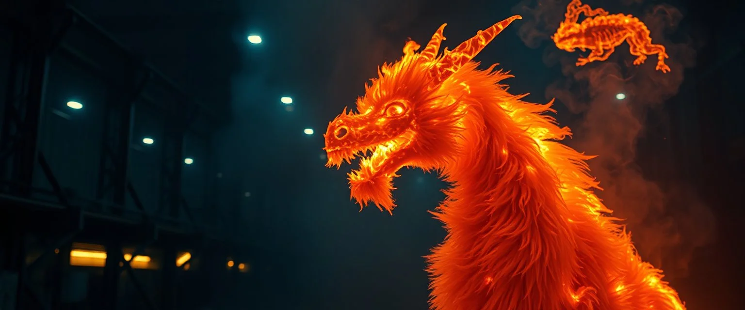 close up portrait of a plasma vampire flickers like hypnotic fire in geometric shapes like a dna swirl of time and a fearsome fluffy dragon horse in A cavernous industrial warehouse becomes a fever-dream carnival of fire and smoke, lit exclusively by erratic strobes and the orange glow of unpredictable blazes. Every flame is a punchline and every extinguisher is the setup — this is comedy written in fire and smoke by a man who forgot the difference between destruction and joy.