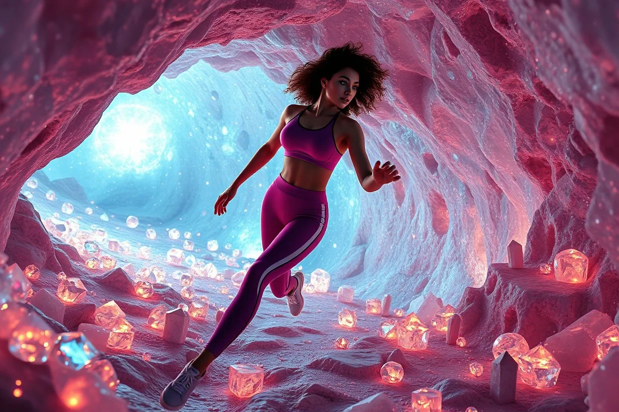 make a video pretty crystal cave covered with jewells and CIFI jewell lights and 3d recursive cubic and sphere base pearls and jwells a beautiful fashion model lady with cute,curvy hair,makeup, in pretty sports suit is running inside cave ,dynamic camera fallow her inside cave capturing full body, dynamic lights.