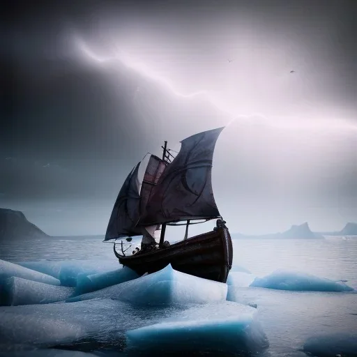 Vikings sailing on an iceberg in a storm, deviantart, Photorealistic, polychromatic, geometric, filmic, complex, Photography, Nikon D850, HDR, 64 megapixels, IMAX, 8k resolution