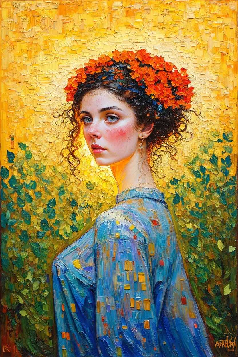 a redeeming, healing enchantress, who alone can turn nauseous thoughts of the horror or absurdity of existence into ideas compatible with life; Post-Impressionist painting inspired by Klimt and Hundertwasser; Golden Hour; Exquisitely Detailed; Foliage Palette
