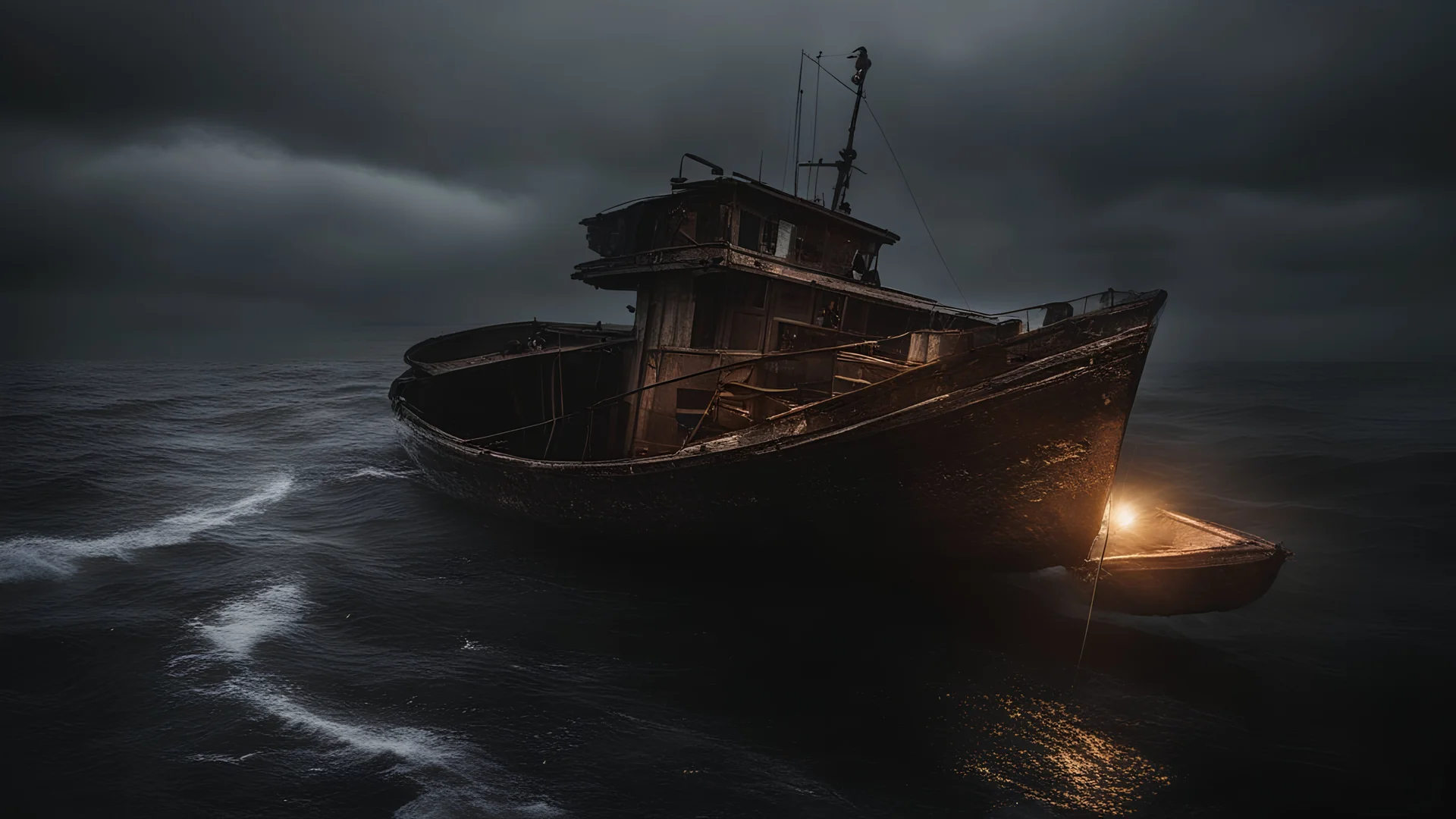 Photoreal magnificent low-angle view of two boats chasing each other on a still black sea shrouded in extreme darkness by lee jeffries, in the style of fantasy movies, photorealistic, shot on Hasselblad h6d-400c, zeiss prime lens, bokeh like f/0.8, tilt-shift lens 8k, high detail, smooth render, unreal engine 5, cinema 4d, HDR, dust effect, vivid colors