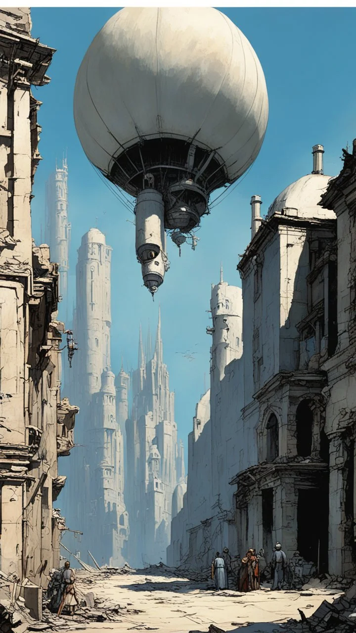 A small futuristic city in the ruins of an old building, blue sky, in the style of Gerald Brom and John Berkey, a large blimp floats above buildings, a house is made from concrete blocks, there is graffiti on walls, several tall towers with white spires tower over the scene. --ar 91:128 --v 6. 0