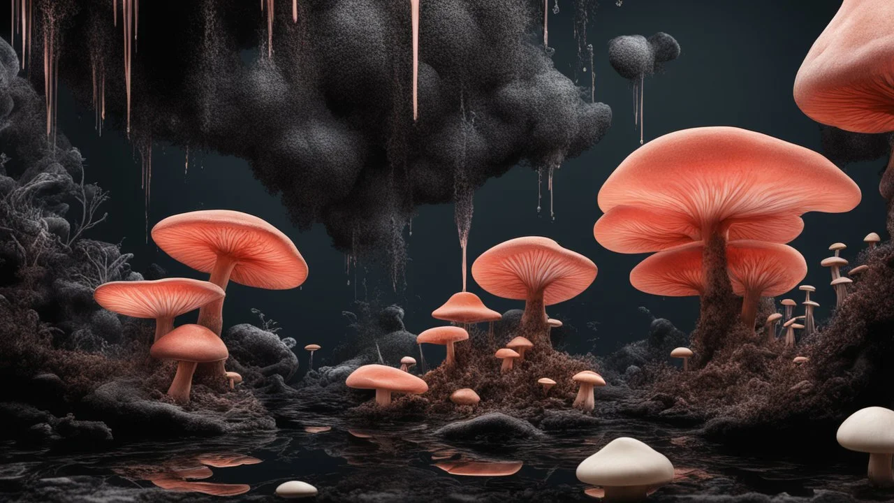 Exotic Flora, fauna, mushrooms, fungi and coral dripping black liquid in a Multiverse background