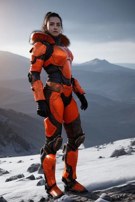 full body portrait of a beautiful girl, wearing glowing orange armor, futuristic armor, relaxed standing posture, nice smile, snowy mountain background, snow, fur cloak, full body, short armor