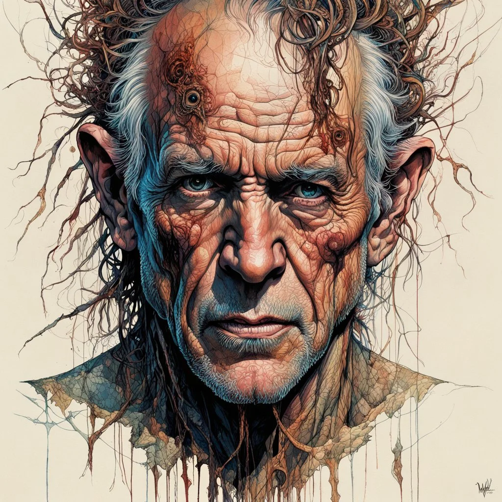 Artists Michael Whelan and Carne Griffiths unleash a captivating portrait illustration of Geoffrey Lewis, his curious countenance dominating the canvas, wild eyes piercing through enveloping darkness, palpable textures, Whelan's distinctive visceral style, detailed line work, opulent shadows, hyperrealistic