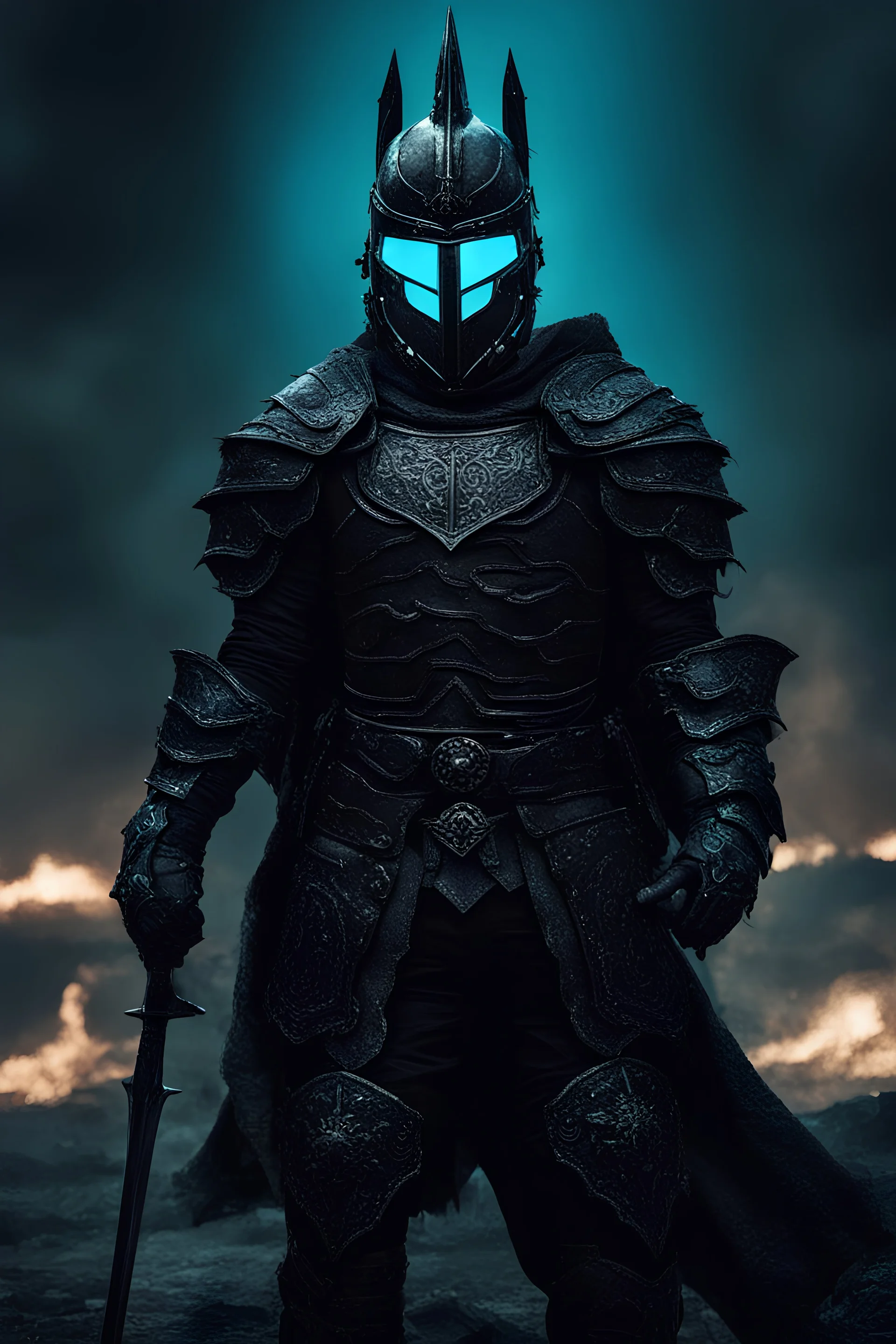 A dark knight with turquoise blue steam in his eyes, Corinthian helmet, black armor, standing darkly on a medieval battlefield.