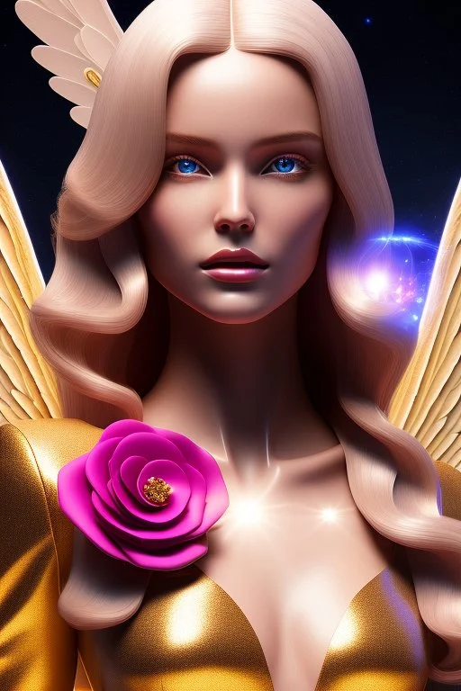 Flower, face,angel, blondie, beautiful place,amazing, cosmic, colors, planet, gold, realistic, photo real, stars night, detailed, high contrast, 8k high definition, unreal engine 5, extremely sharp detail, light effect, light background