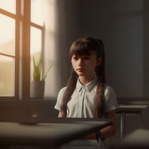 Study girl in classroom by the window ,movie, real photo realistic, unreal engine, cinematic lighting --ar 1:1 creative