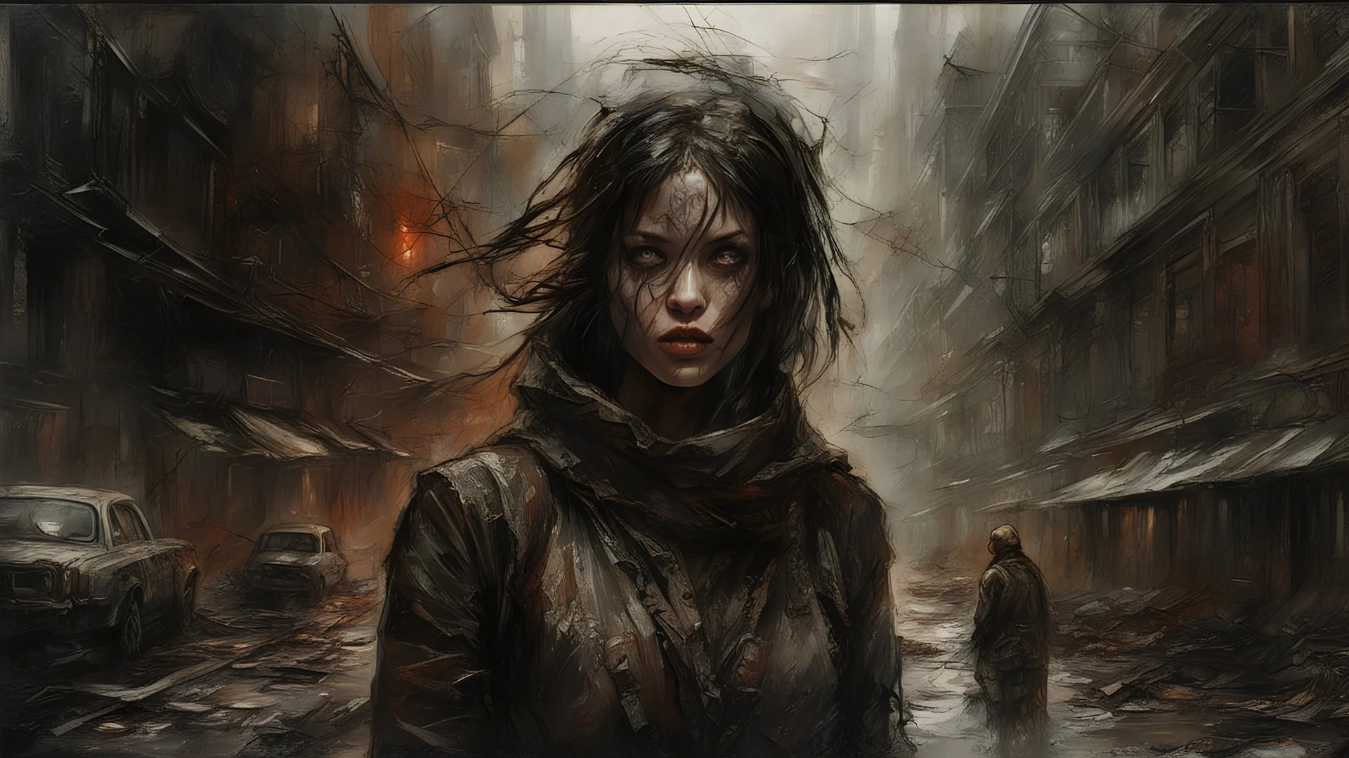 the city of fear, post-apocalypse, horror, hopelessness, darkness, dark colors, by Luis Royo & Raymond Swanland & Alyssa Monks & Anna Razumovskaya