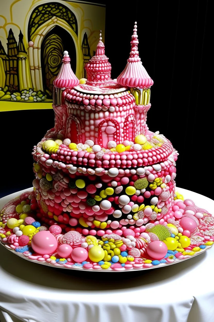 A pink ruined coliseum made out of sweets with fairies painted by Roy Lichtenstein