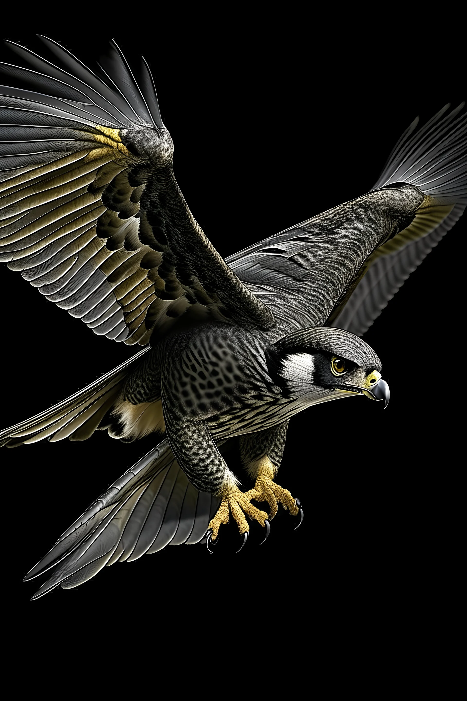 "Create an AI art piece featuring the Peregrine Falcon, one of nature's fastest and most agile predators. Capture the bird in flight, showcasing its incredible speed and grace. Highlight the intricate details of its feathers and the intensity in its eyes, embodying the essence of this magnificent raptor."